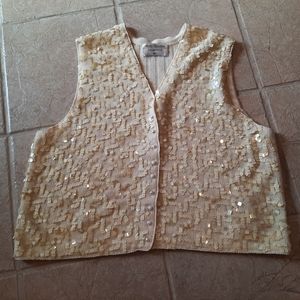Vtg cream Lambswool sparkly sweater Vest L Sequins! Marisa Christina